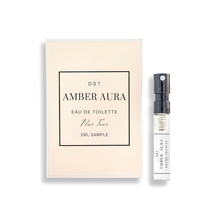 Amber Aura perfume sample set with packaging and spray bottle on a white background