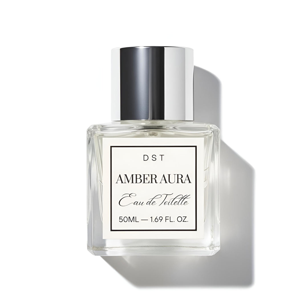 Perfume bottle labeled 'Amber Aura' by DST on a white background