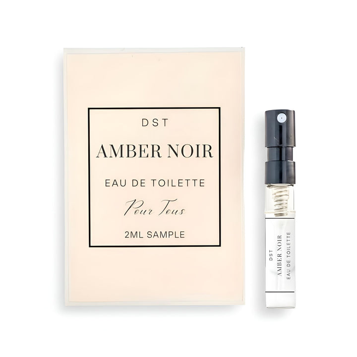 Amber Noir Eau de Toilette sample with packaging on a white background