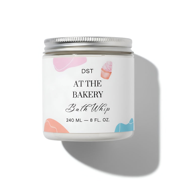 At the Bakery Bath whip container with a decorative label on a white background
