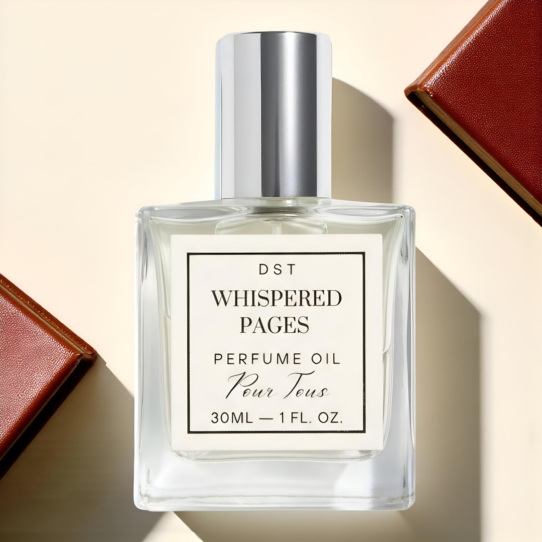 Bibliothèque Perfume Oil against an ivory background with leather bound books