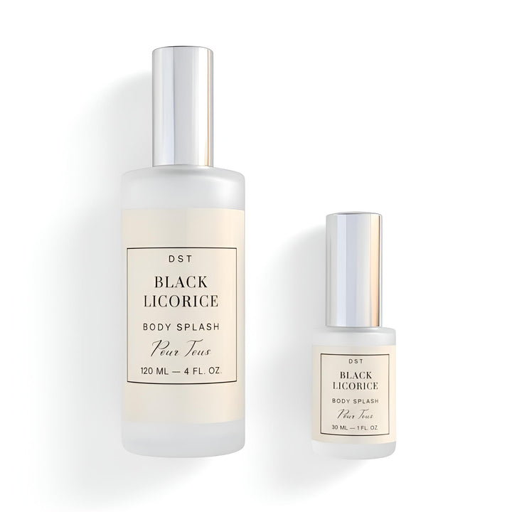 Two bottles of DST Fragrances Black Licorice body splash on a white background