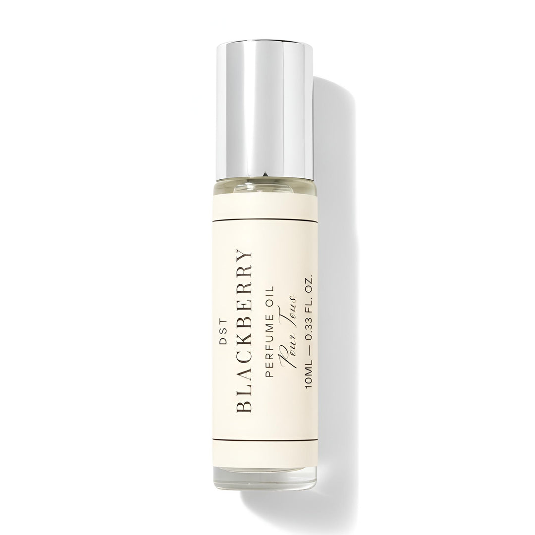 Perfume oil bottle labeled 'Blackberry' on a white background