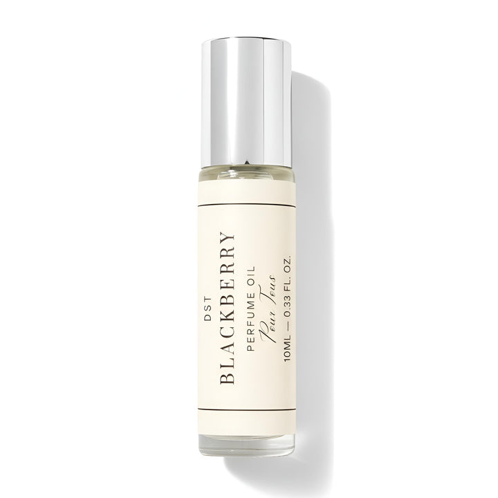 Perfume oil bottle labeled 'Blackberry' on a white background