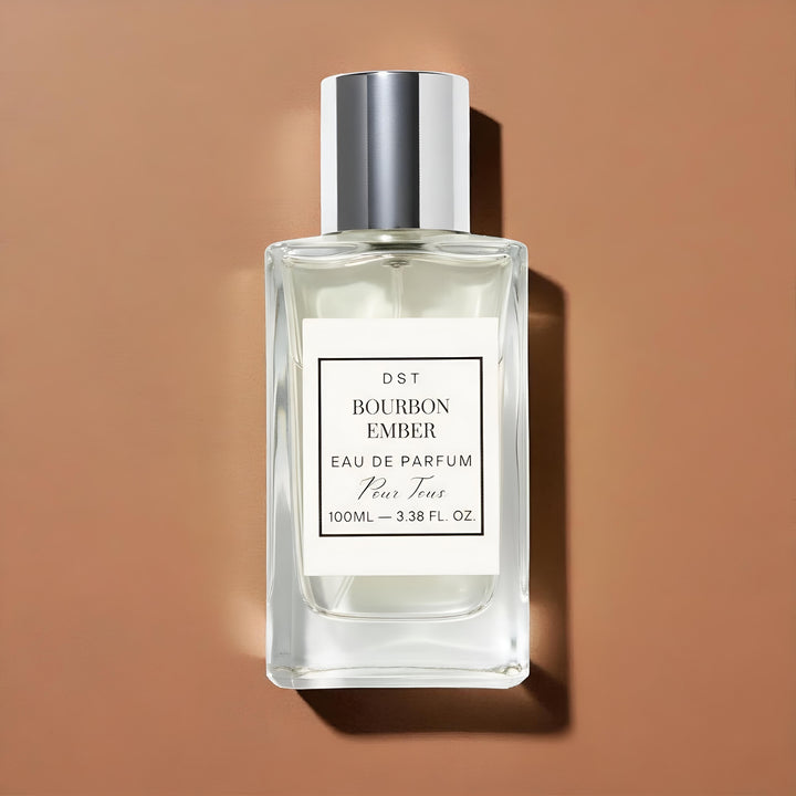 Perfume bottle labeled 'Bourbon Ember' by DST on a brown background