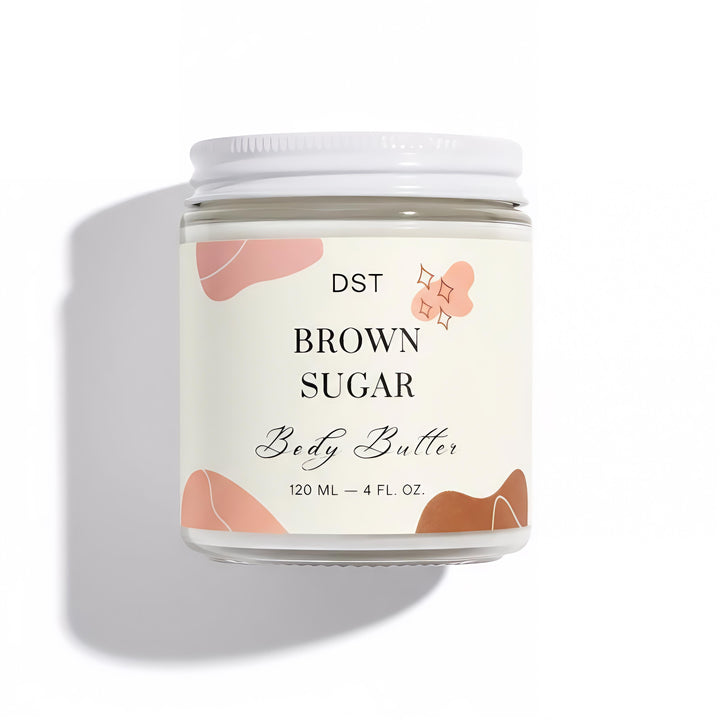 Jar of DST Fragrances brown sugar body butter with a decorative label on a white background
