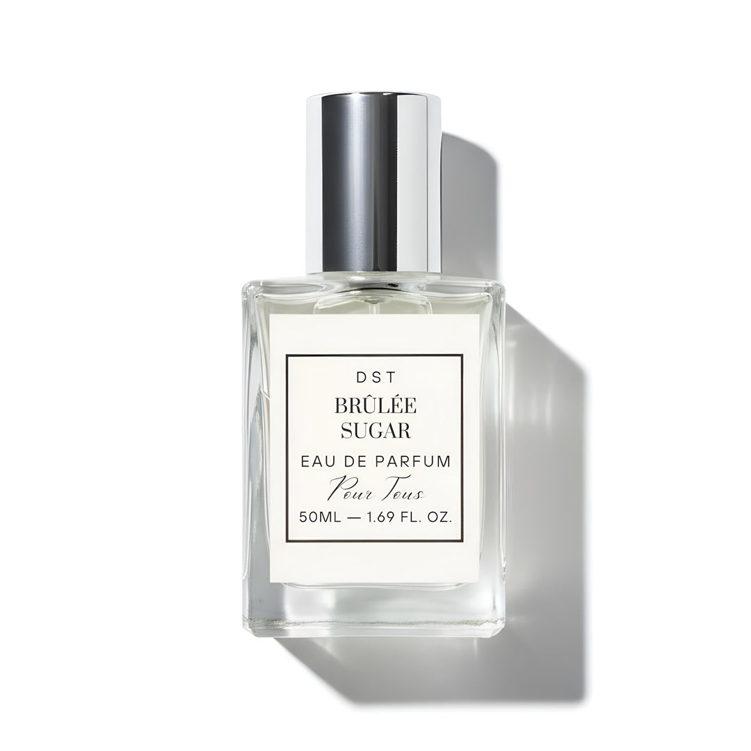 Perfume bottle labeled 'Brèlée Sugar' by DST on a white background