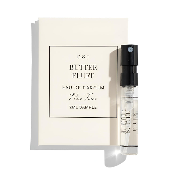 Butter Fluff Eau de Parfum sample with packaging on a white background