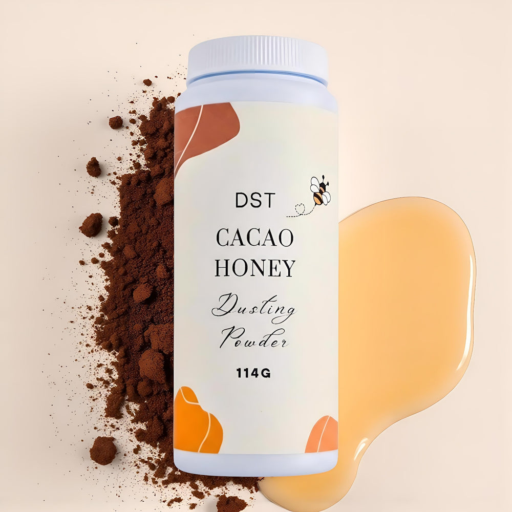 Cacao Honey Body Powder on an ivory background with honey and cocao powder