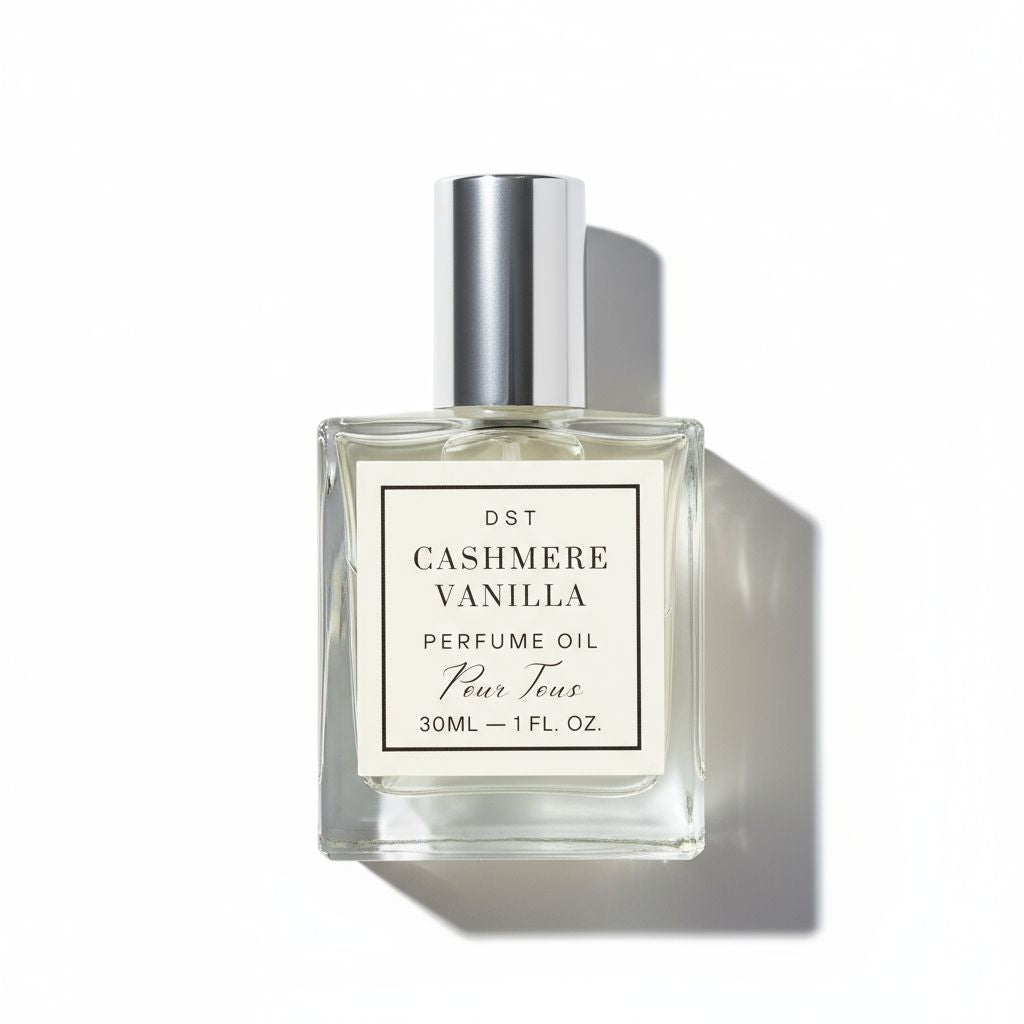 Perfume oil bottle labeled 'Cashmere Vanilla' on a white background