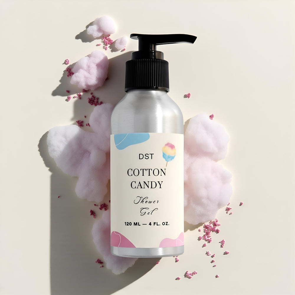 Cotton Candy Shower Gel against blue sky background with pink clou