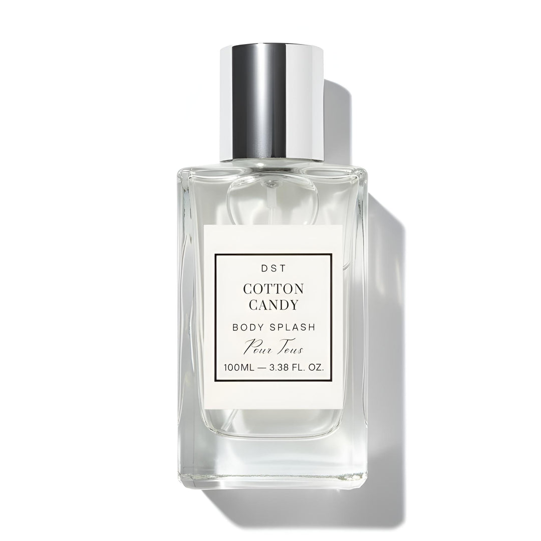 Cotton Candy body splash bottle with a white label on a white background