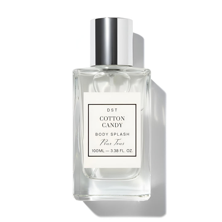 Cotton Candy body splash bottle with a white label on a white background