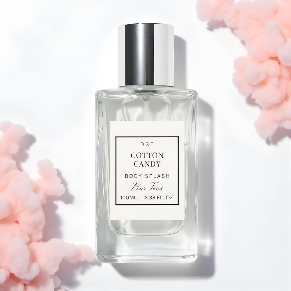 Cotton Candy Body splash bottle with a label on a light background with pink Cotton Candy.
