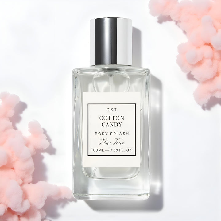 Cotton Candy Body splash bottle with a label on a light background with pink Cotton Candy.