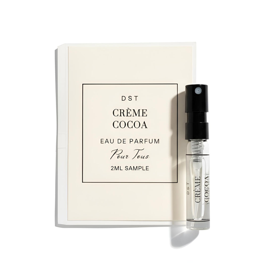 DST Fragrances Crème Cocoa perfume sample with packaging on a white background
