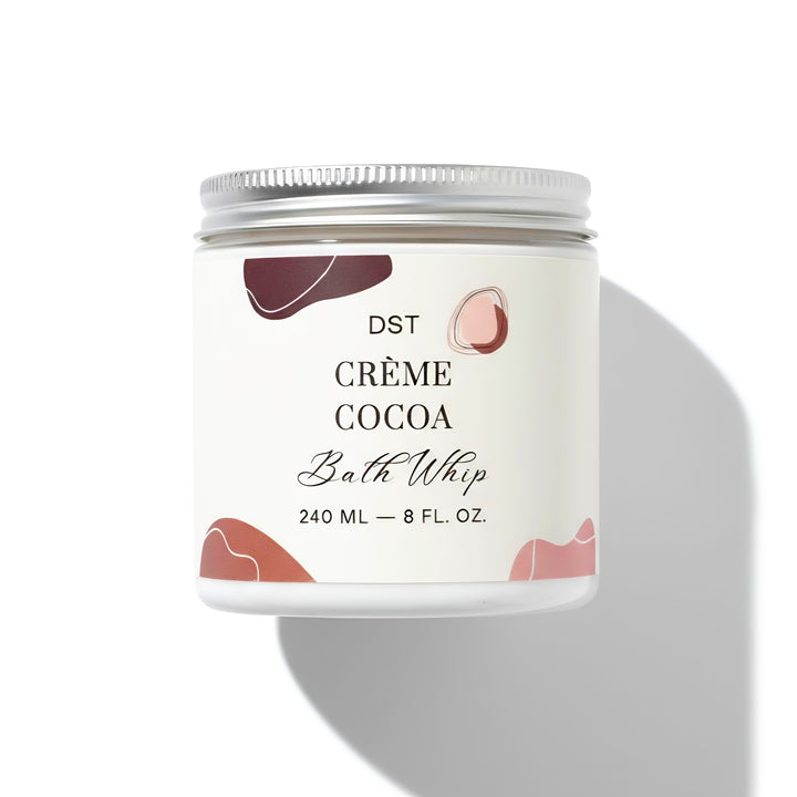 Bath whip container with 'DST Crème Cocoa' label on a white background