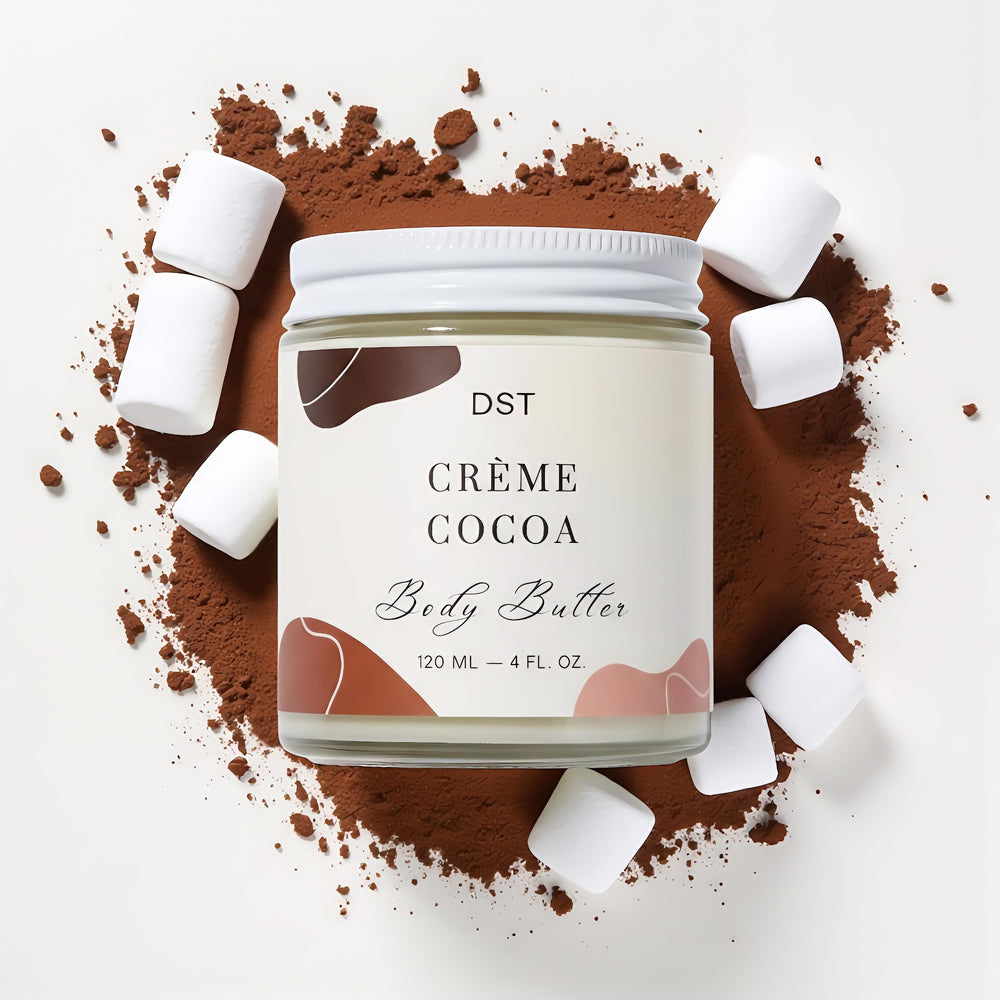 DST Crème Cocoa body butter jar with cocoa powder around it on a beige background