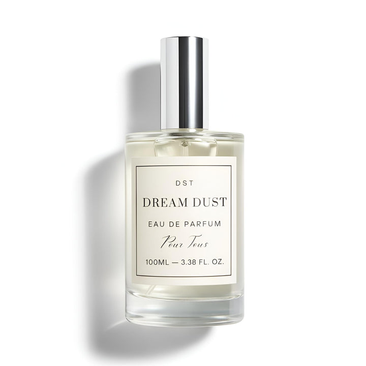 Perfume bottle labeled 'Dream Dust' on a white background