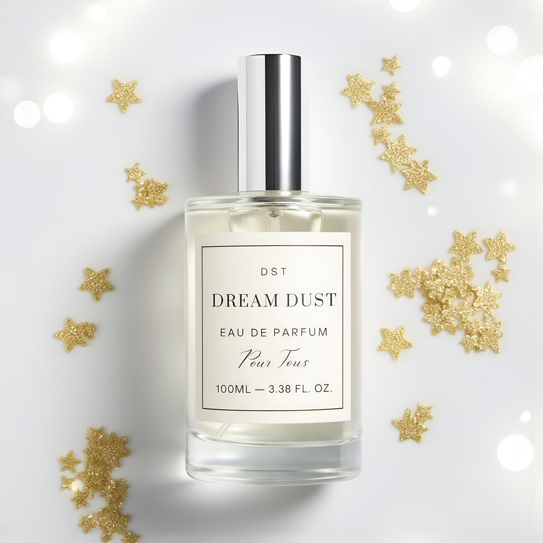Perfume bottle labeled 'Dream Dust' on a soft background with golden bokeh effect.