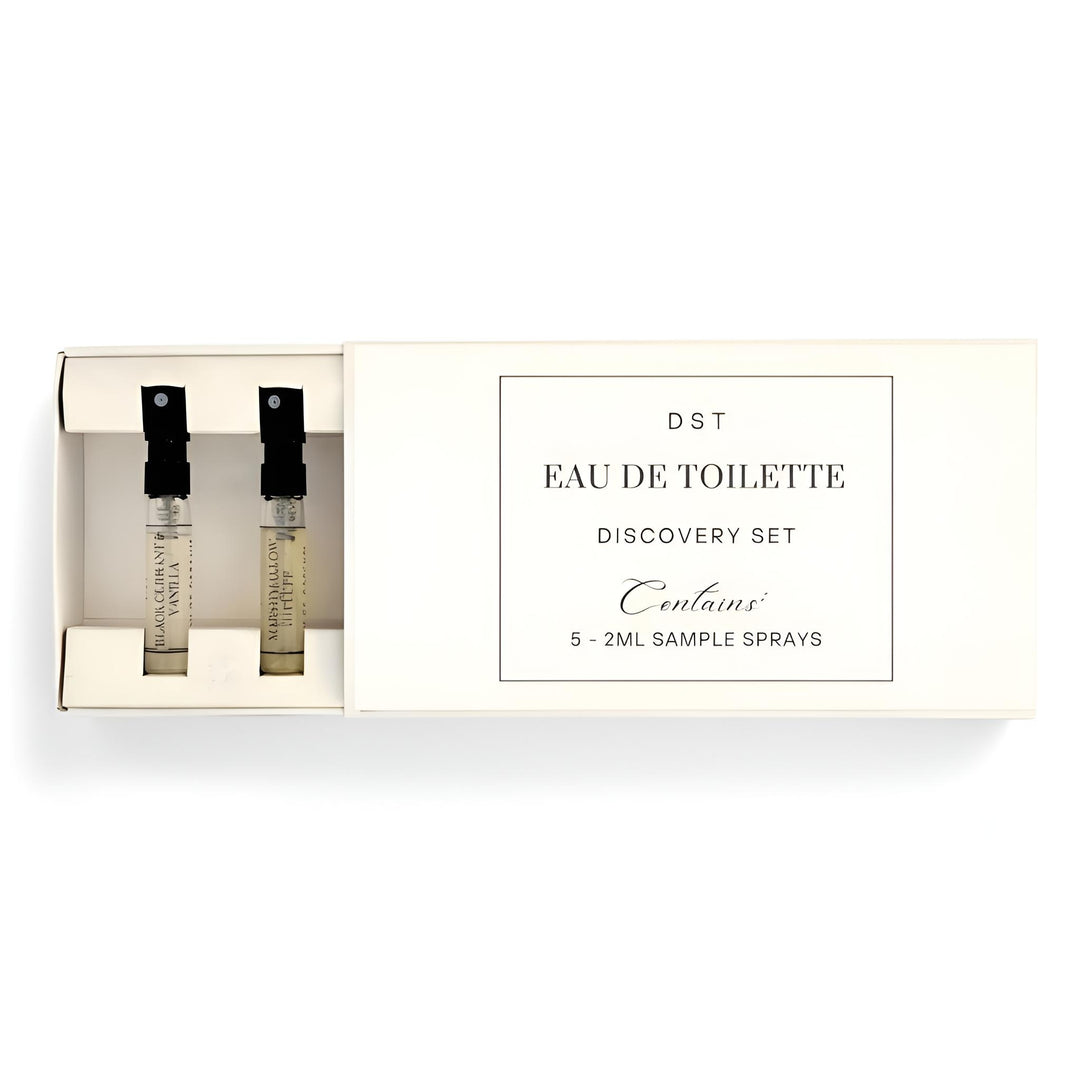 DST Eau de Toilette Discovery Set with sample sprays in a box on a white background