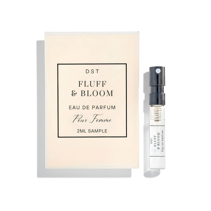 Fluff & Bloom eau de parfum sample with packaging on a white background