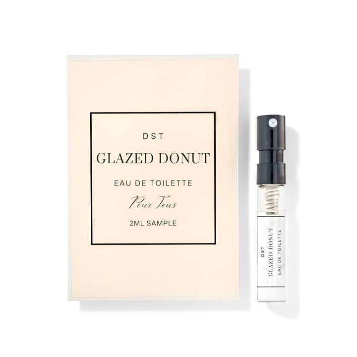 Perfume sample bottle and packaging of 'Glazed Donut' by DST on a white background