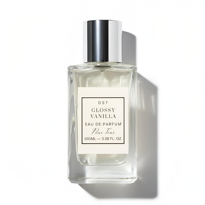 100ml Botte of Glossy Vanilla EDP by DST against a white background.