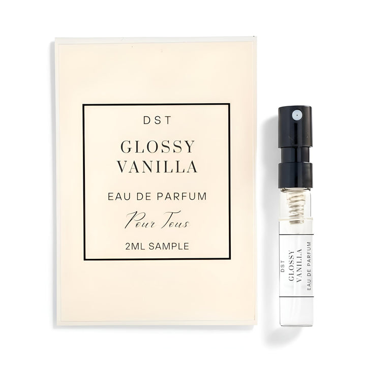 2ml Sample Vial of Glossy Vanilla EDP by DST and its packaging against a white background.