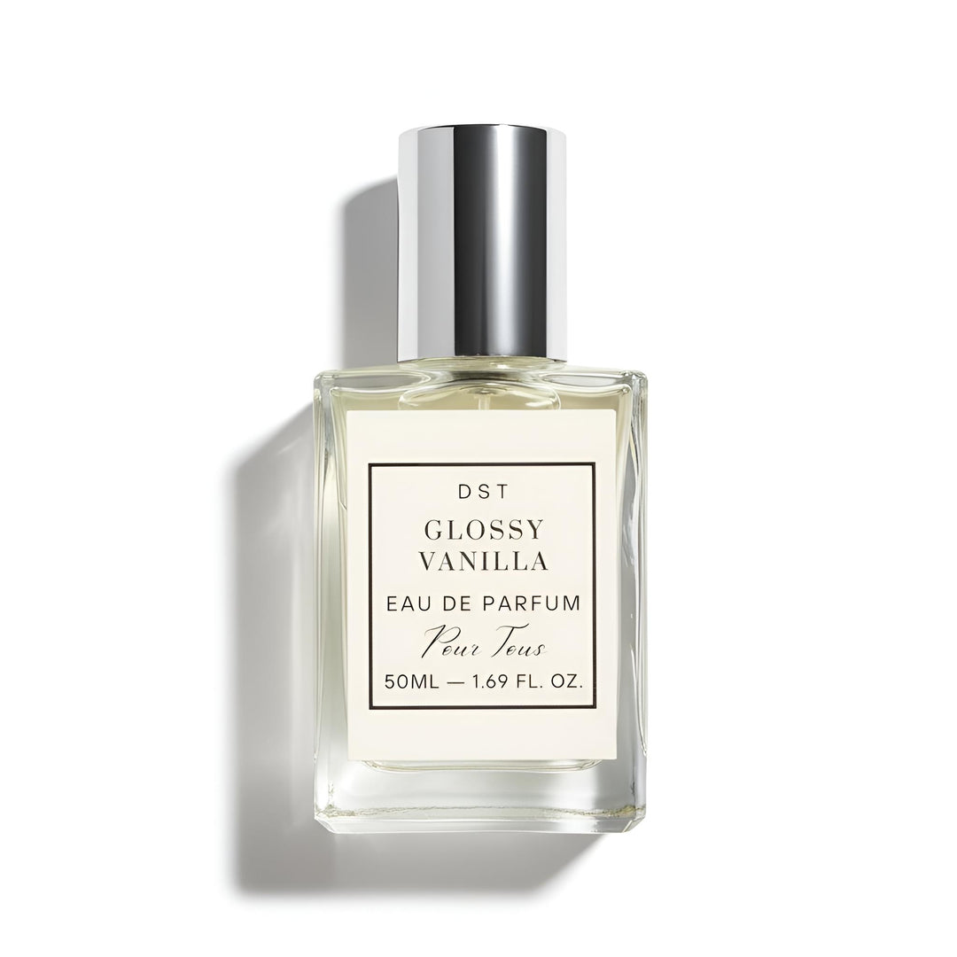 50ml Botte of Glossy Vanilla EDP by DST against a white background.