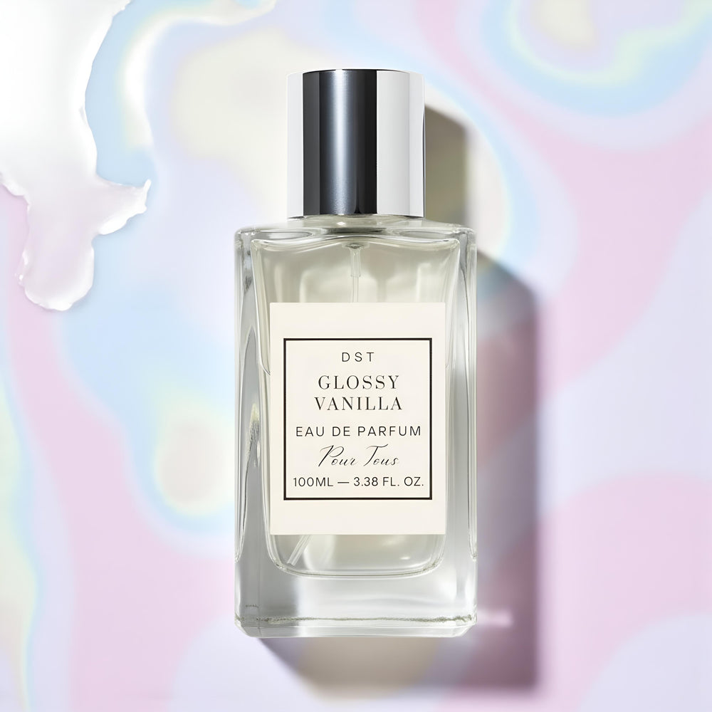 Bottle of Glossy Vanilla Eau de Parfum by DST against a pastel ink and blue holographic background.
