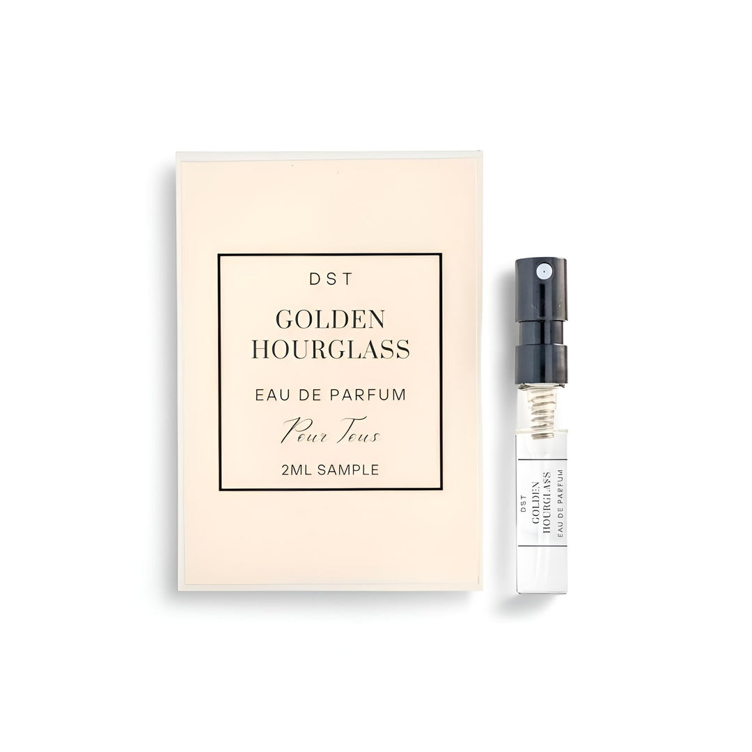 Sample bottle of DST Golden Hourglass Eau de Parfum with packaging on a white background
