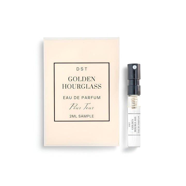 Sample bottle of DST Golden Hourglass Eau de Parfum with packaging on a white background