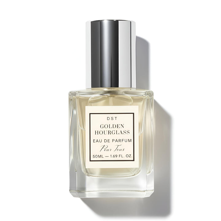 Perfume bottle labeled 'Golden Hourglass' on a white background