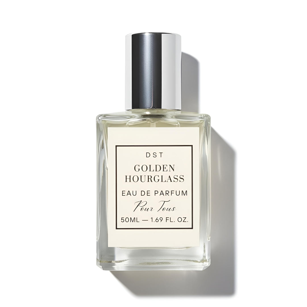Perfume bottle labeled 'Golden Hourglass' on a white background