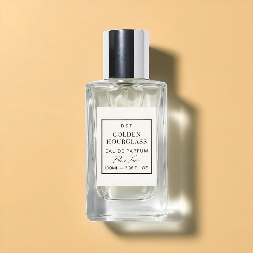 Perfume bottle labeled 'Golden Hourglass' on an orange background
