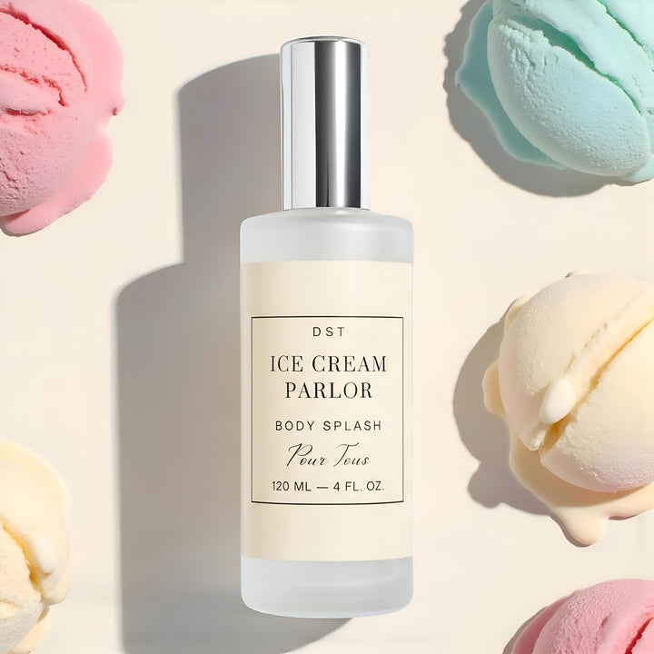 Body splash bottle labeled 'Ice Cream Parlor' with ice cream scoops in the background