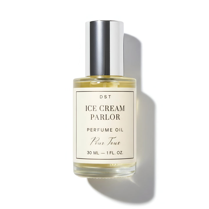 Perfume oil bottle labeled 'Ice Cream Parlor' by DST Fragrances on a white background