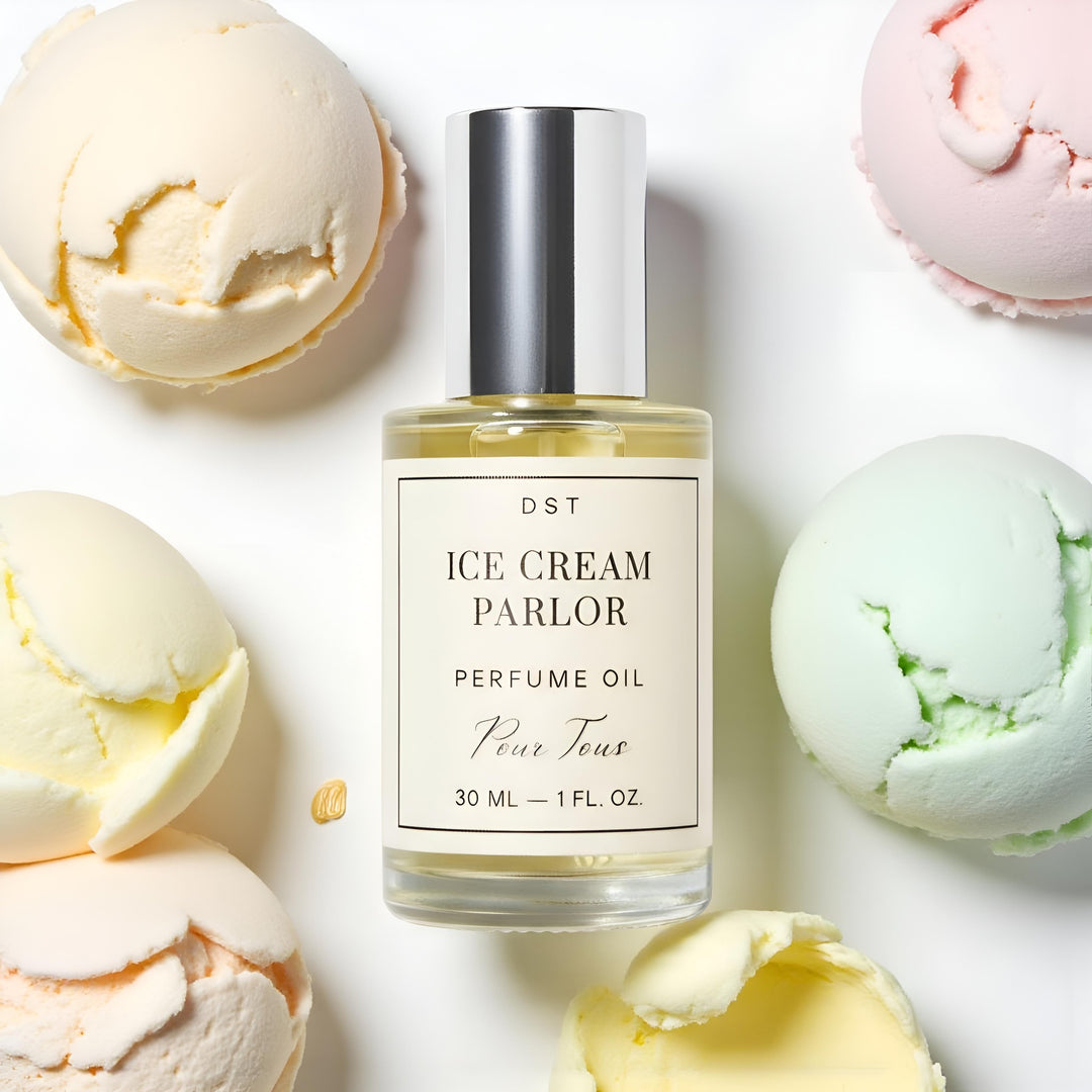 DST Fragrances Perfume oil bottle labeled 'Ice Cream Parlor' with colorful ice cream scoops on an ivory background