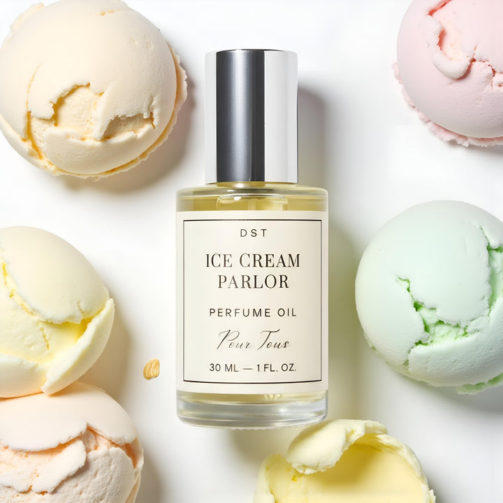 DST Fragrances Perfume oil bottle labeled 'Ice Cream Parlor' with colorful ice cream scoops on an ivory background