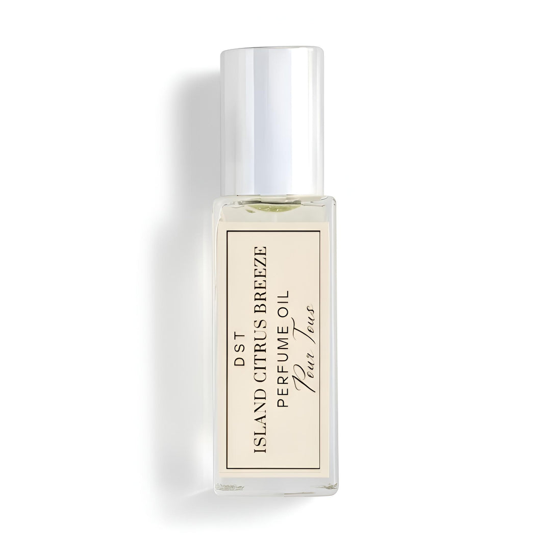 Perfume oil bottle labeled 'Island Citrus Breeze' on a white background