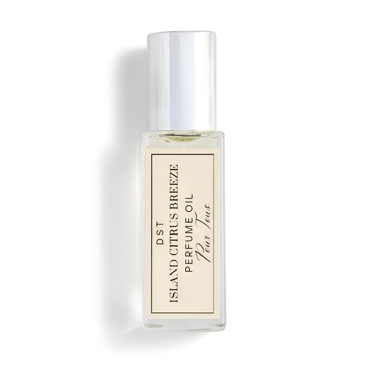 Perfume oil bottle labeled 'Island Citrus Breeze' on a white background