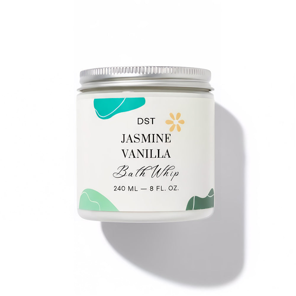 Jar of Jasmine Vanilla Bath Whip with decorative elements on a white background