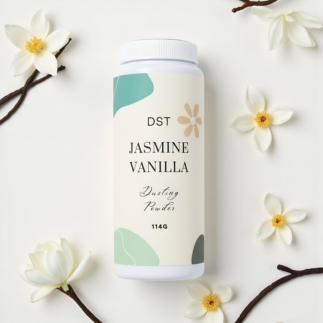 Jasmine Vanilla powder container with vanilla beans and flowers on a light background