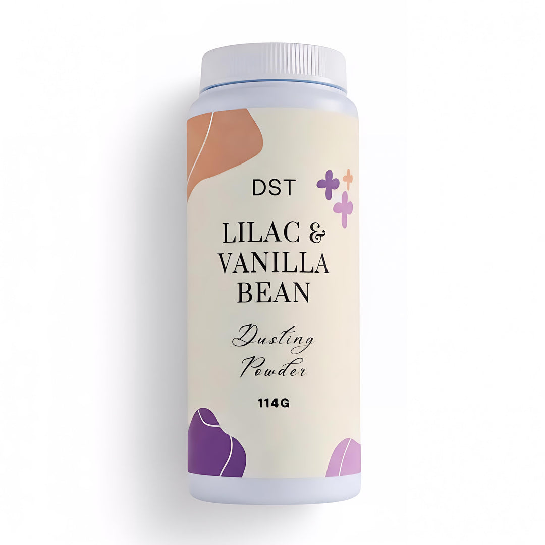 DST Fragrances Lilac & Vanilla Bean scented dusting powder container on a white background
