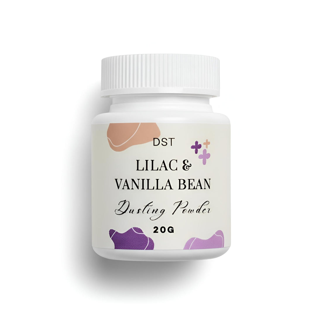 DST Fragrances Lilac & Vanilla Bean scented dusting powder container on a white background