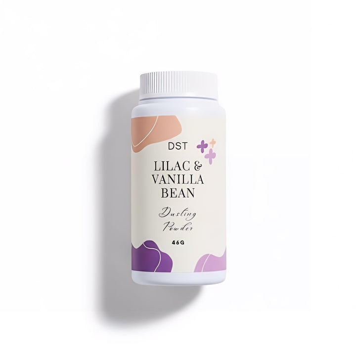 DST Fragrances Lilac & Vanilla Bean scented dusting powder container on a white background