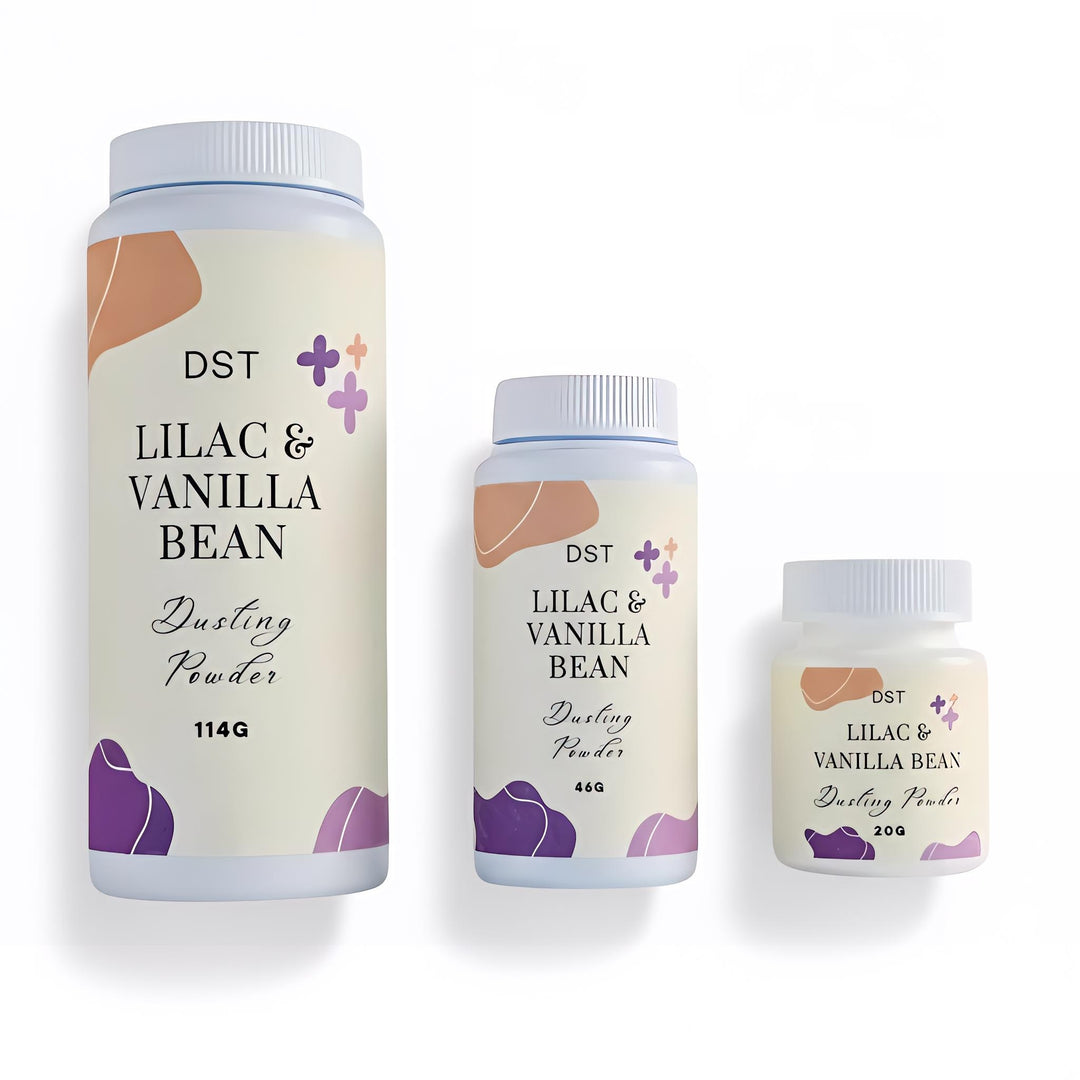 Three containers of Lilac & Vanilla Bean dusting powder by DST Fragrances on a white background meant to show size comparision.