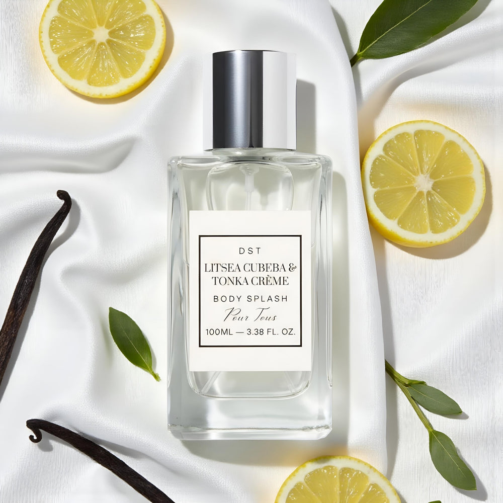 Body splash bottle with lemons and vanilla beans on a white background