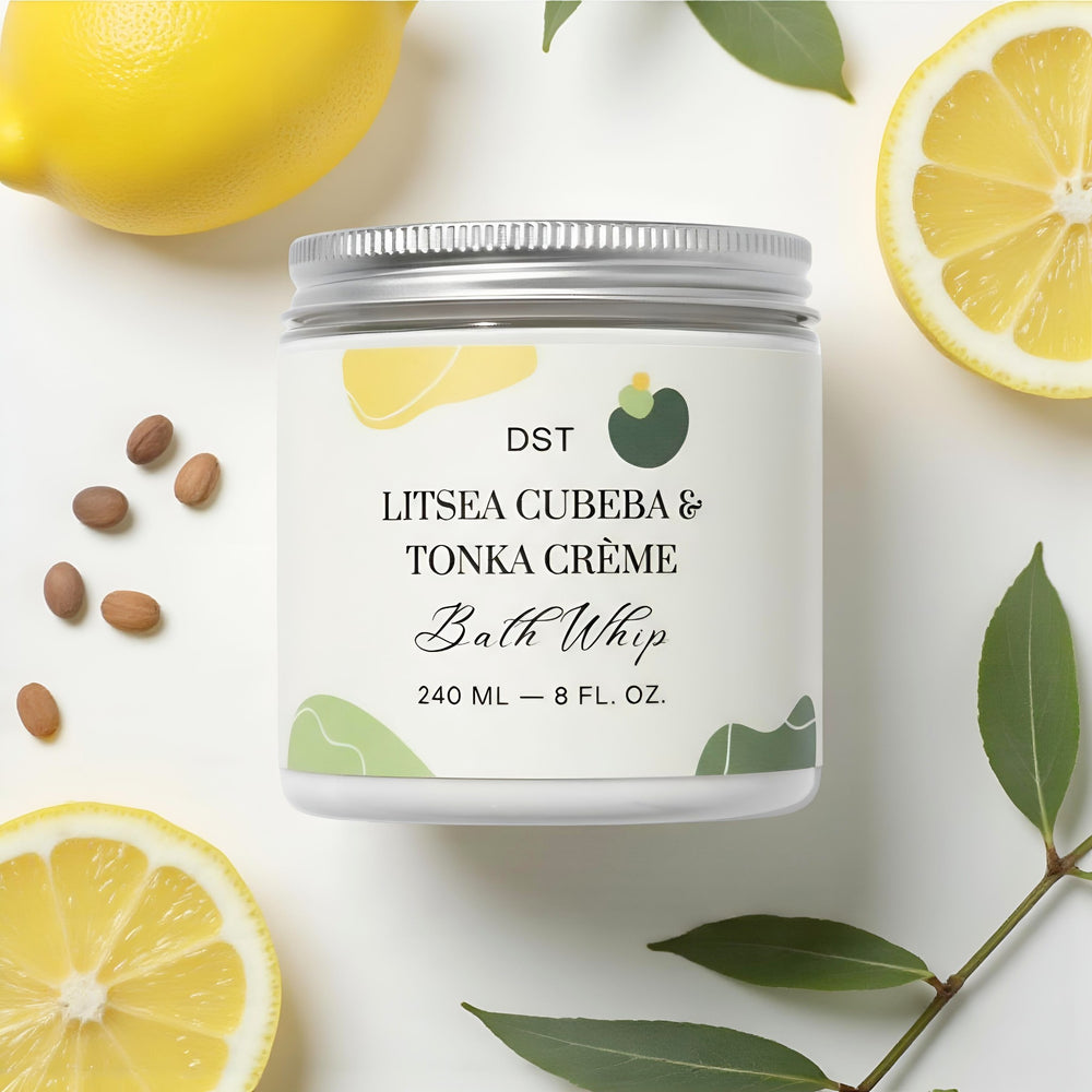 Bath whip container with lemon and leaf elements on a white background